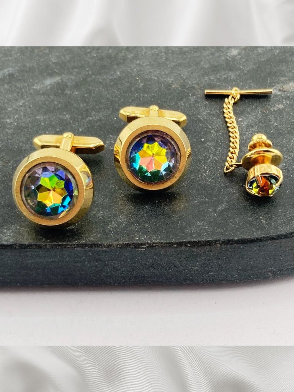 VINTAGE Rainbow watermelon rivoli rhinestone matching cuff link and tie tack set